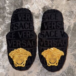 Versace Black Slippers with Gold Medusa Head